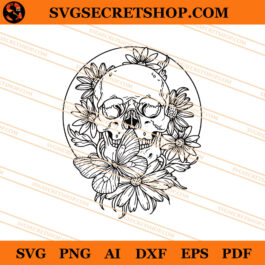 Skull Flower And Butterfly SVG, Skull Horror SVG, Skull SVG