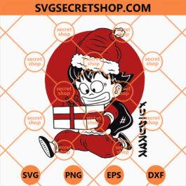 Dragon Ball Christmas SVG, Songoku Young Holding Christmas Box SVG, Christmas Santa Hat SVG