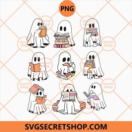Ghost Reading Books PNG, Book Lover Halloween PNG