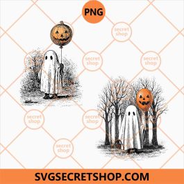 Ghost with Pumpkin Balloon PNG, Spooky Ghost and Jack O Lantern PNG