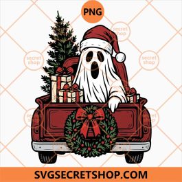 Ghost Driving Red Truck with Christmas Tree&nbsp;PNG, Spooky Christmas Santa Ghost PNG